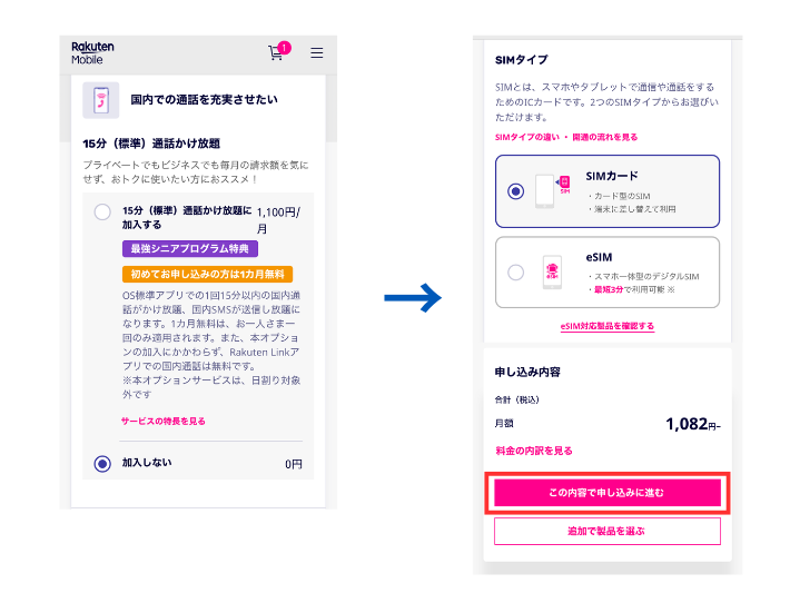オプションとSIMタイプを選択する