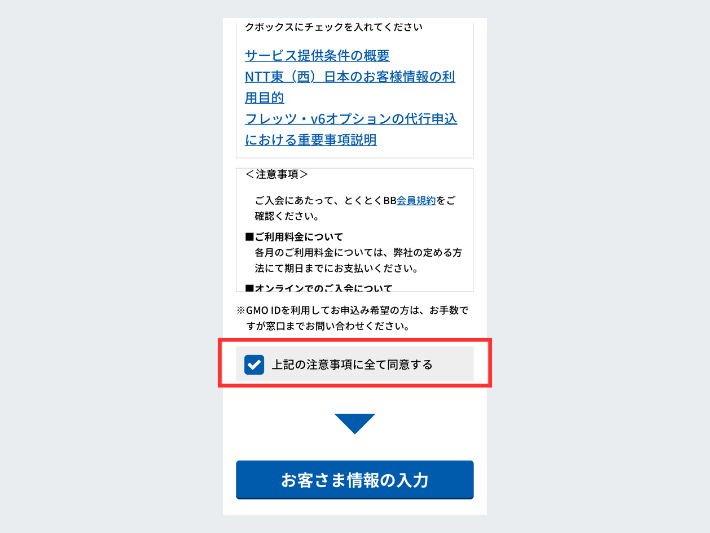 サービス提供条件や注意事項を読み、「上記の注意事項に全て同意する」にチェックを入れる