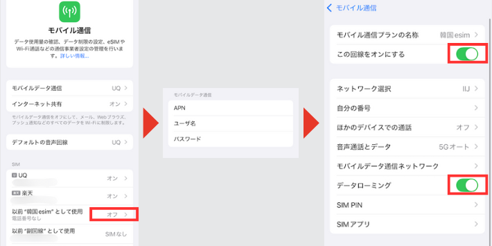 現地到着後に回線とデータローミングをオンにする
