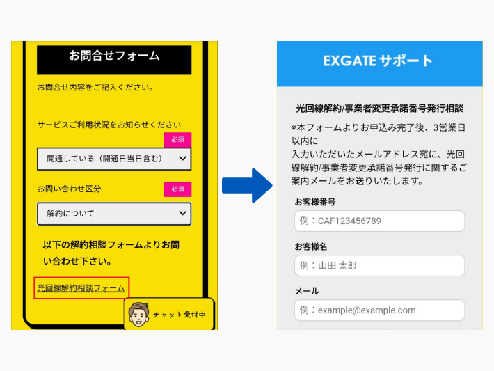 「光回線解約相談フォーム」を開き、必要事項を入力する