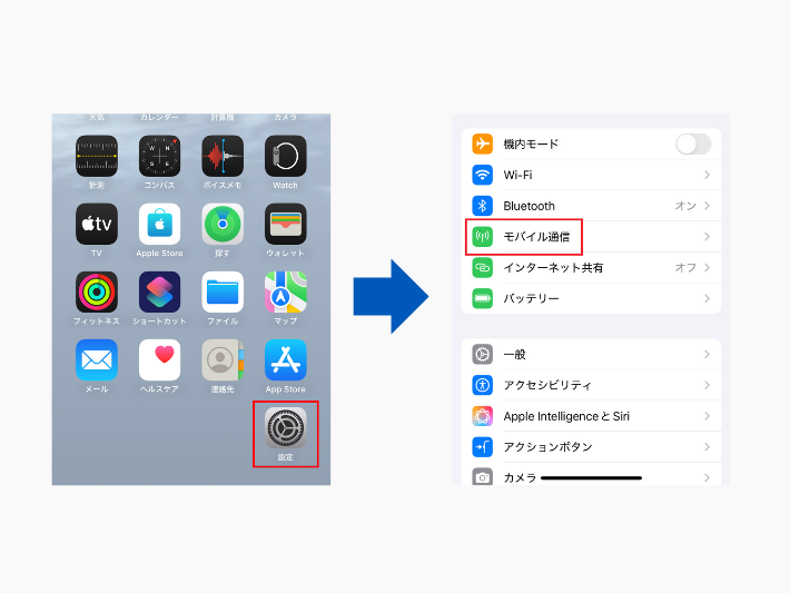 iPhoneの設定画面から「モバイル通信」をタップする