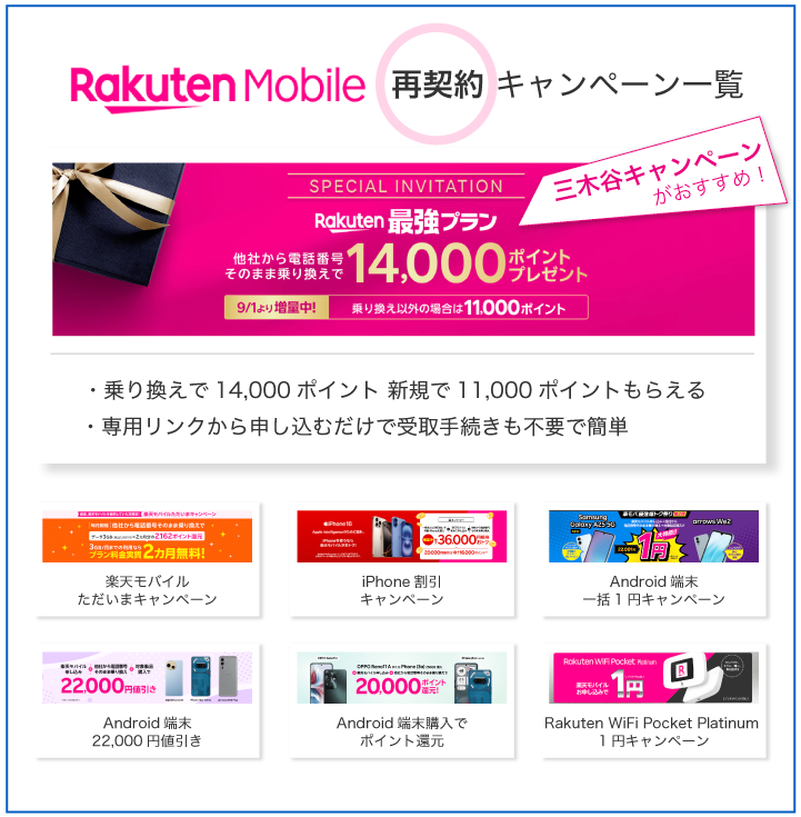 楽天モバイル 再契約キャンペーン一覧